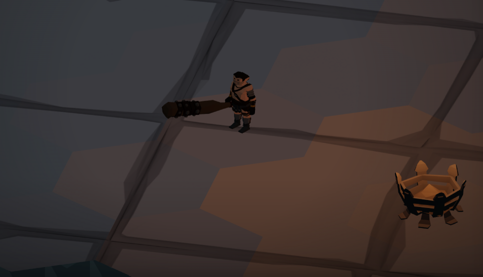 A shirtless low-poly halfling barbarian stands on stone tiles carrying a greatclub the size of a small tree, near a low burning brazier.