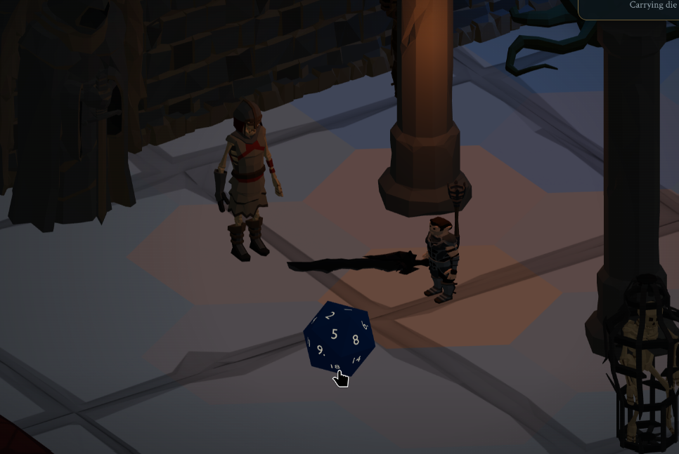 The same low-poly halfling, now in a fighter's outfit, standing in a dark crypt holding a greatsword nearly as long as he is tall. An armoured companion stands behind him. A large blue twenty-sided die rests on the hex-tiled floor between them, and a caged skeleton hangs at the edge of the torchlight.